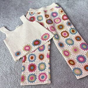 Cream Crochet Two-Piece Set with Colorful Floral Squares